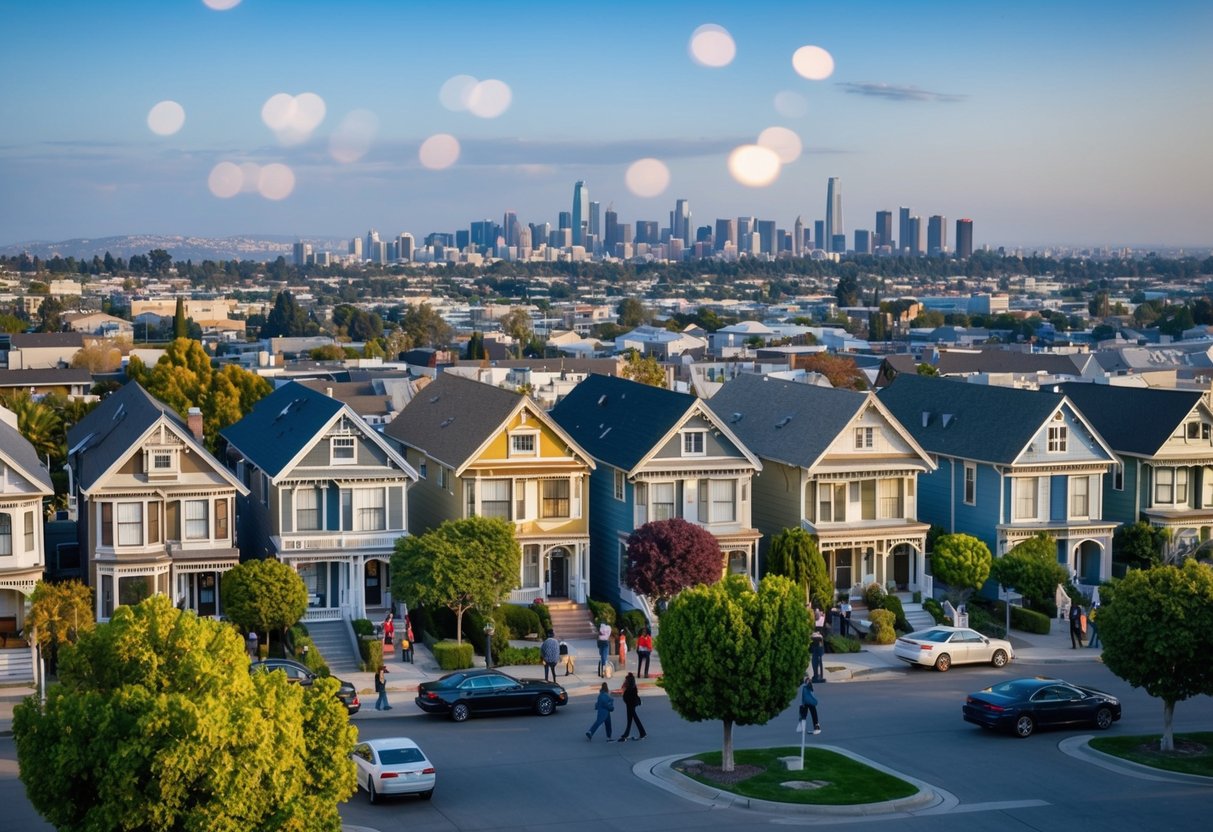 A diverse neighborhood with various types of housing and people interacting, reflecting the influence of California Fair Housing Laws on real estate appraisal