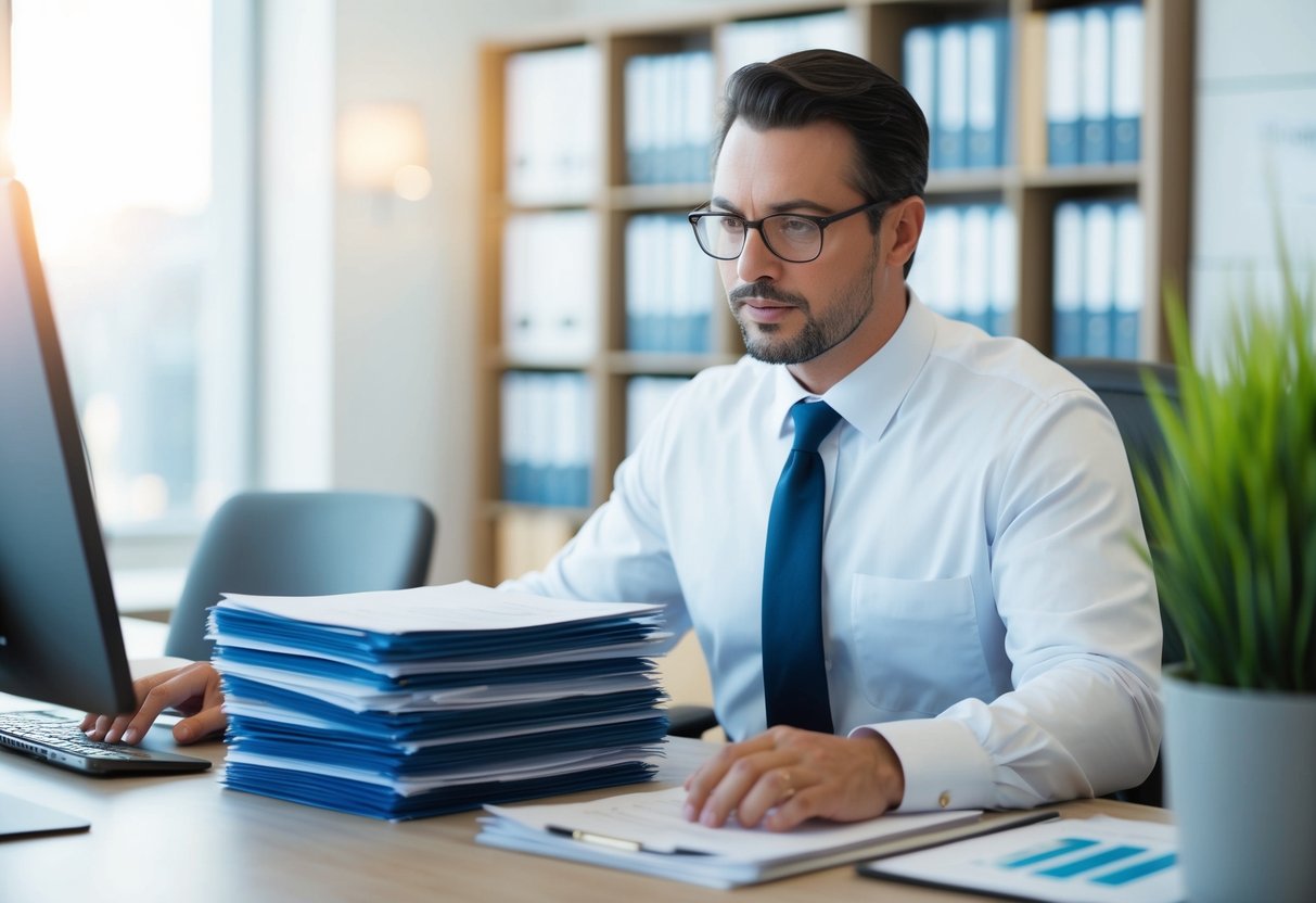 A real estate appraiser studying California property tax law with a stack of documents and a computer in a well-lit office