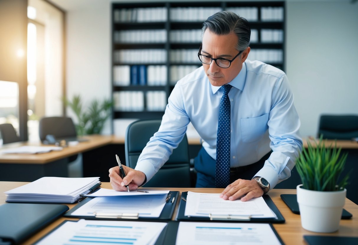 A California Department of Real Estate official reviewing appraiser regulatory compliance documents in an office setting