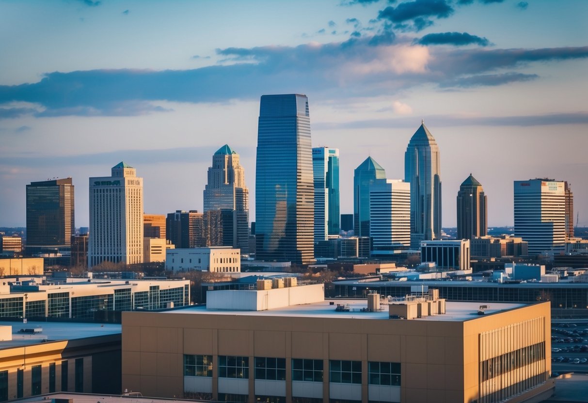 A city skyline with various commercial buildings, emphasizing architectural features and construction materials