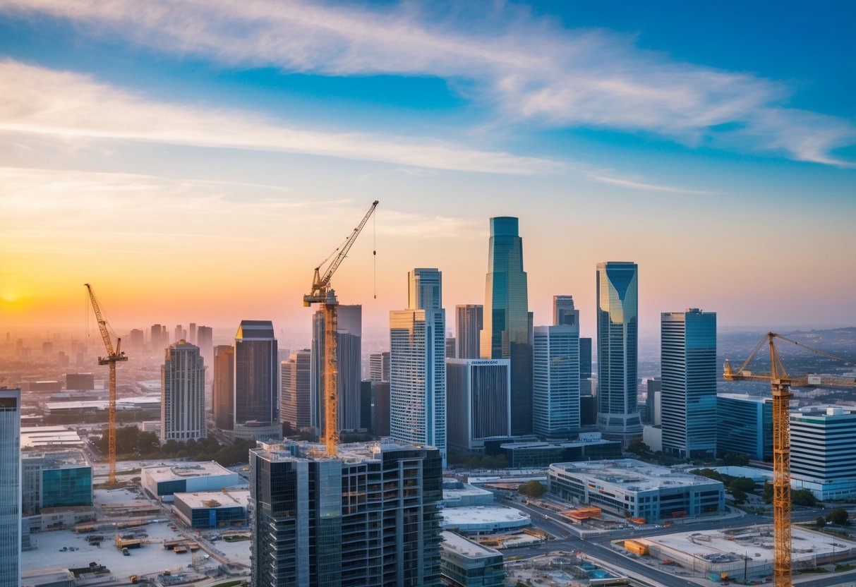 A bustling city skyline with modern commercial buildings, surrounded by construction sites and cranes, showcasing the impact of California building codes on property valuation