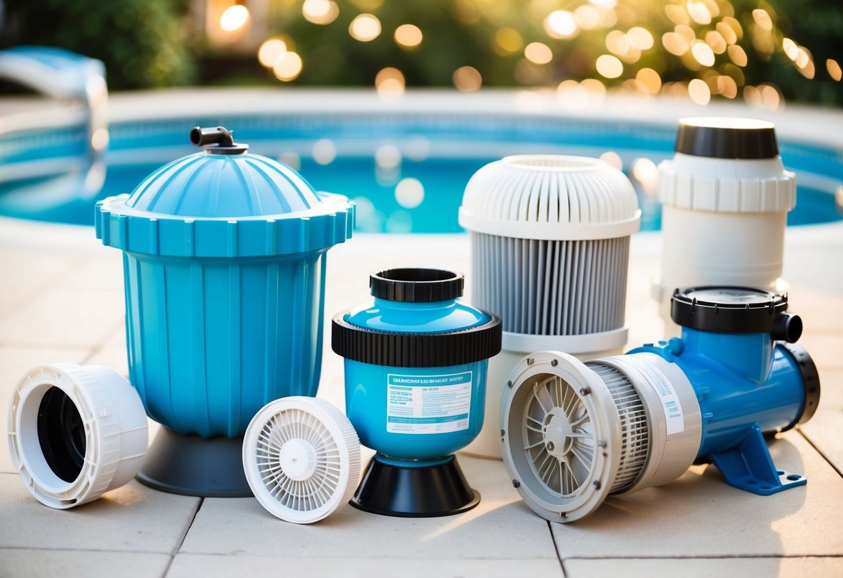 A variety of pool filter types surrounded by clean and well-maintained pool equipment