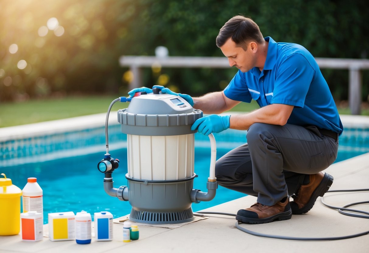 A pool filter being cleaned and maintained by a technician with testing equipment and various chemicals nearby