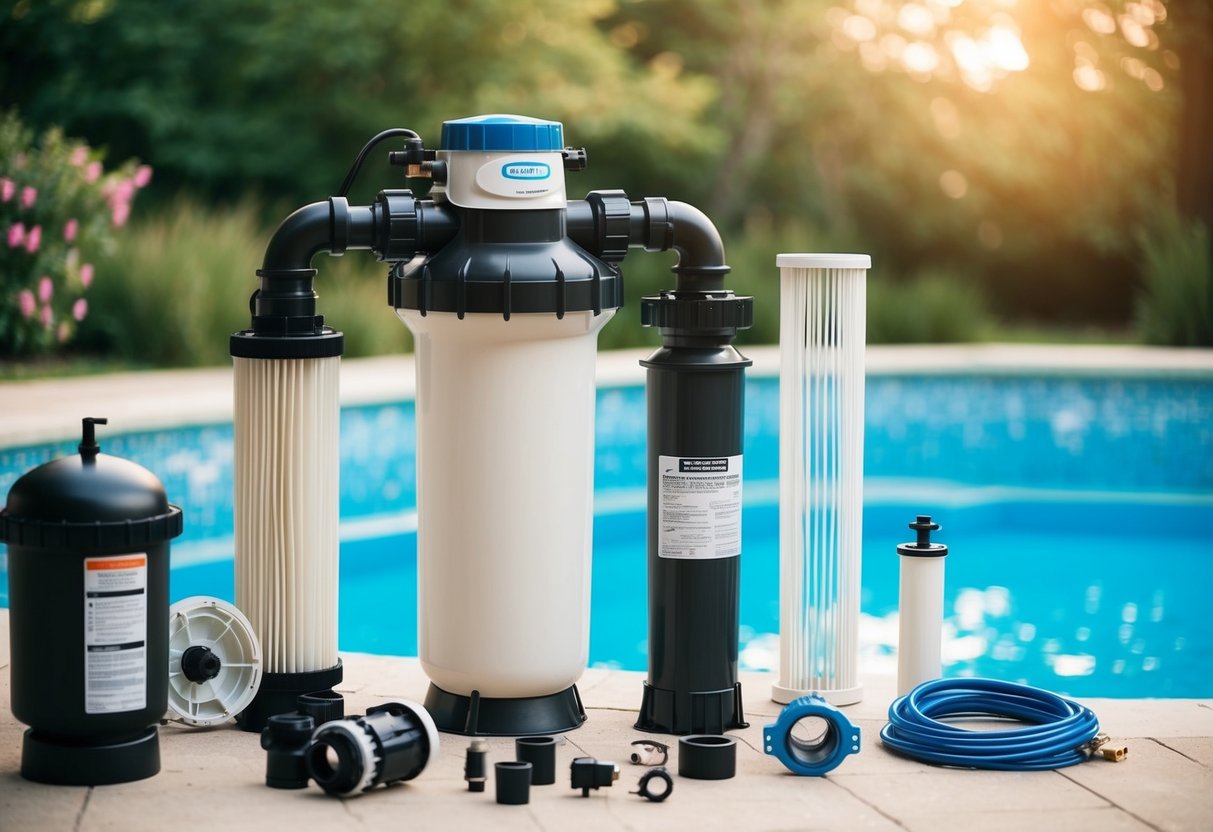 A pool filter system with various components laid out for troubleshooting