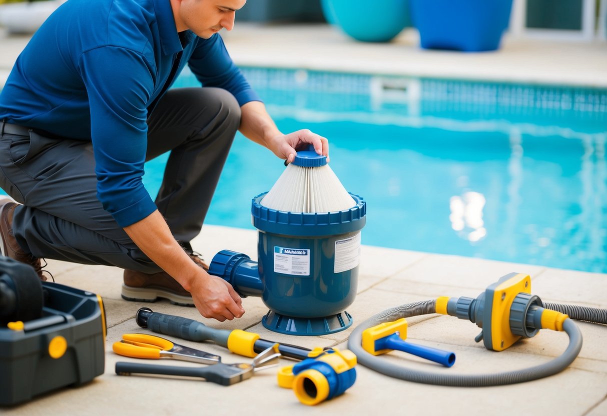 A person inspecting and cleaning a pool filter, surrounded by various tools and equipment, with a clear blue pool in the background