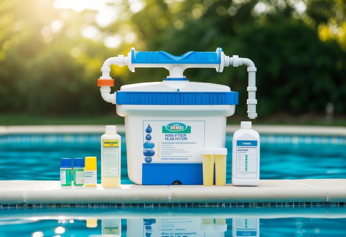 A pool filter system with water testing kits, chemical containers, and a chart of key indicators for filter replacement