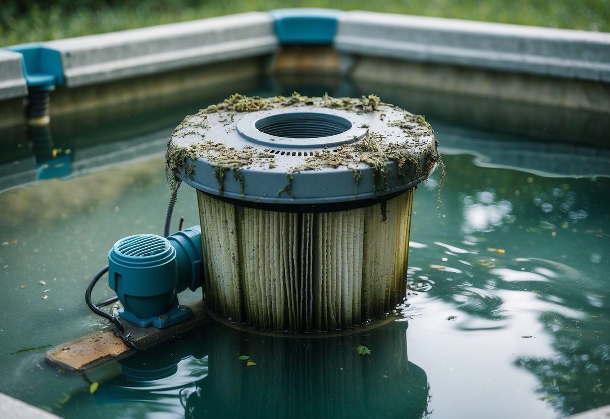 A pool filter covered in algae and debris, with visible cracks and rust, surrounded by cloudy water and a clogged pump