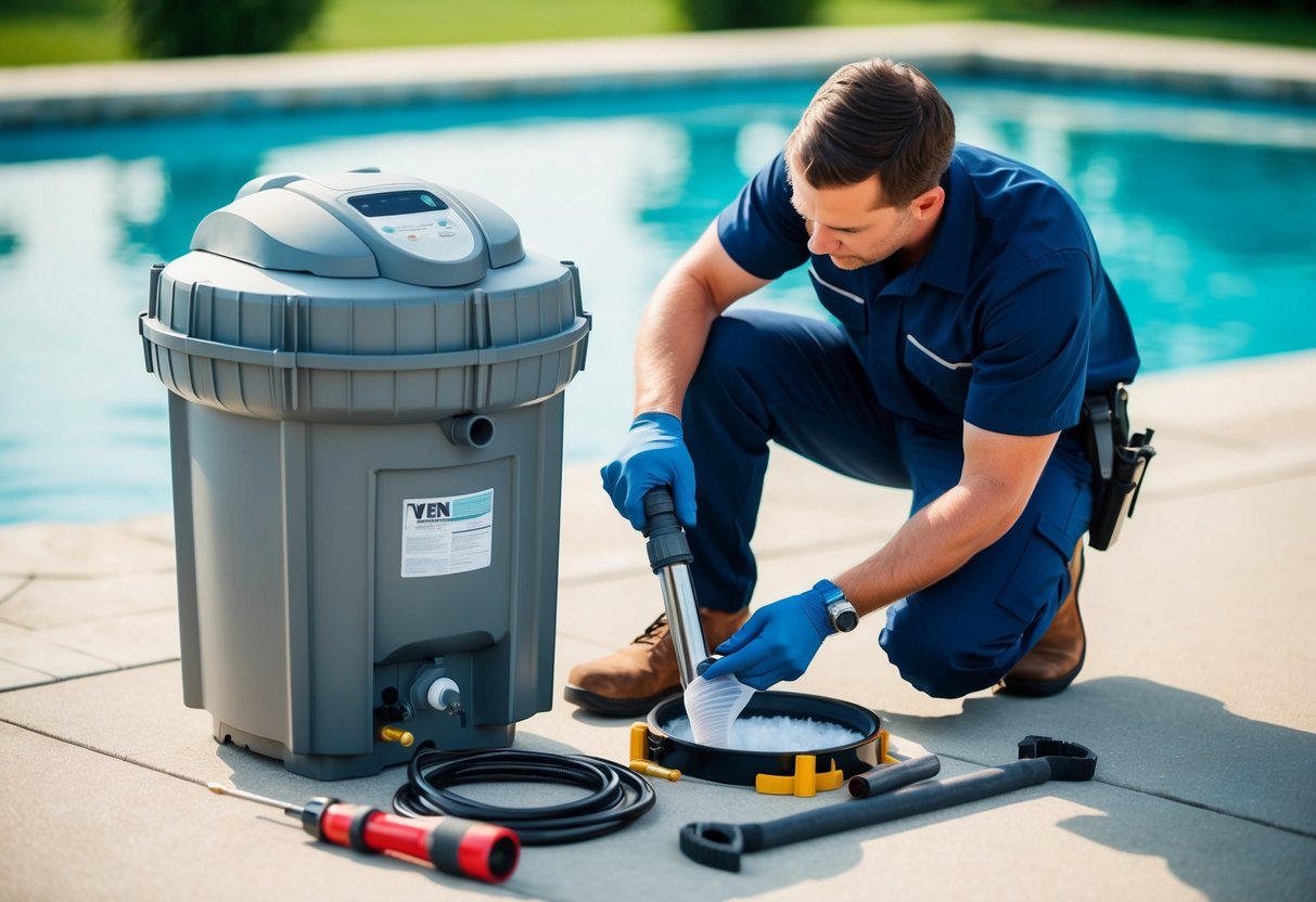 A professional technician servicing a pool filter, with tools and equipment laid out nearby