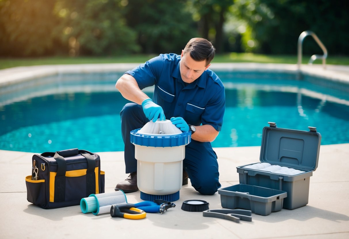 A professional technician carefully cleans and inspects a pool filter, surrounded by a toolkit and equipment. The technician's focused attention ensures optimal performance and long-term benefits