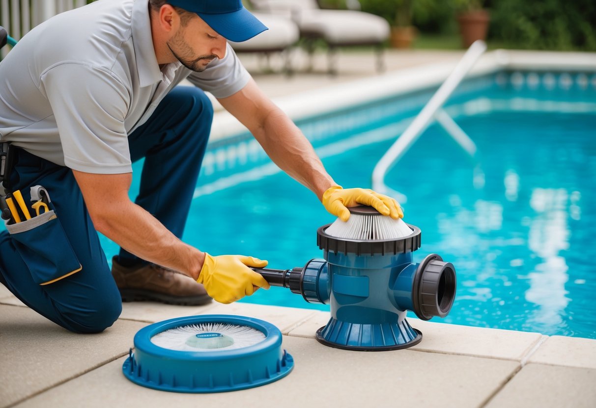 A professional pool technician cleaning and maintaining a pool filter with specialized tools and equipment