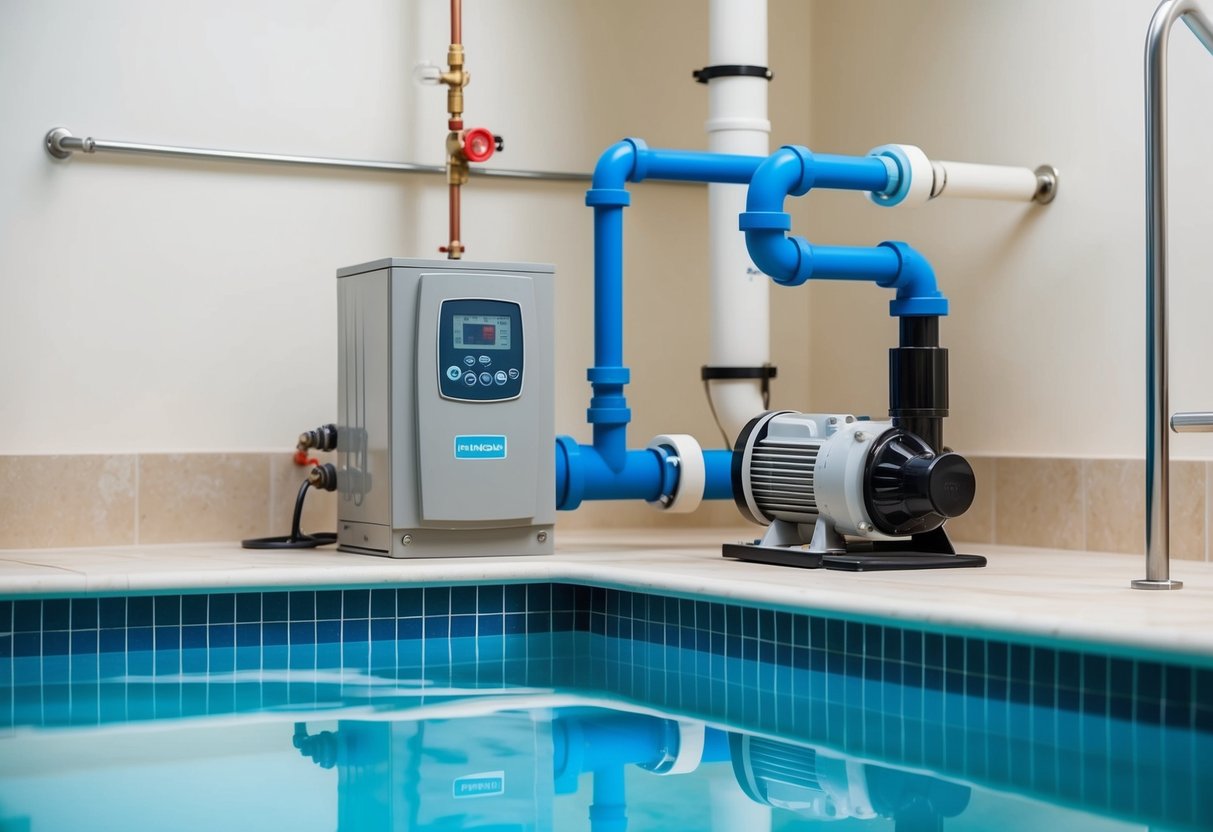 A swimming pool with a heating system, showing pipes, a pump, and a control panel, with potential issues such as leaks or malfunctioning parts