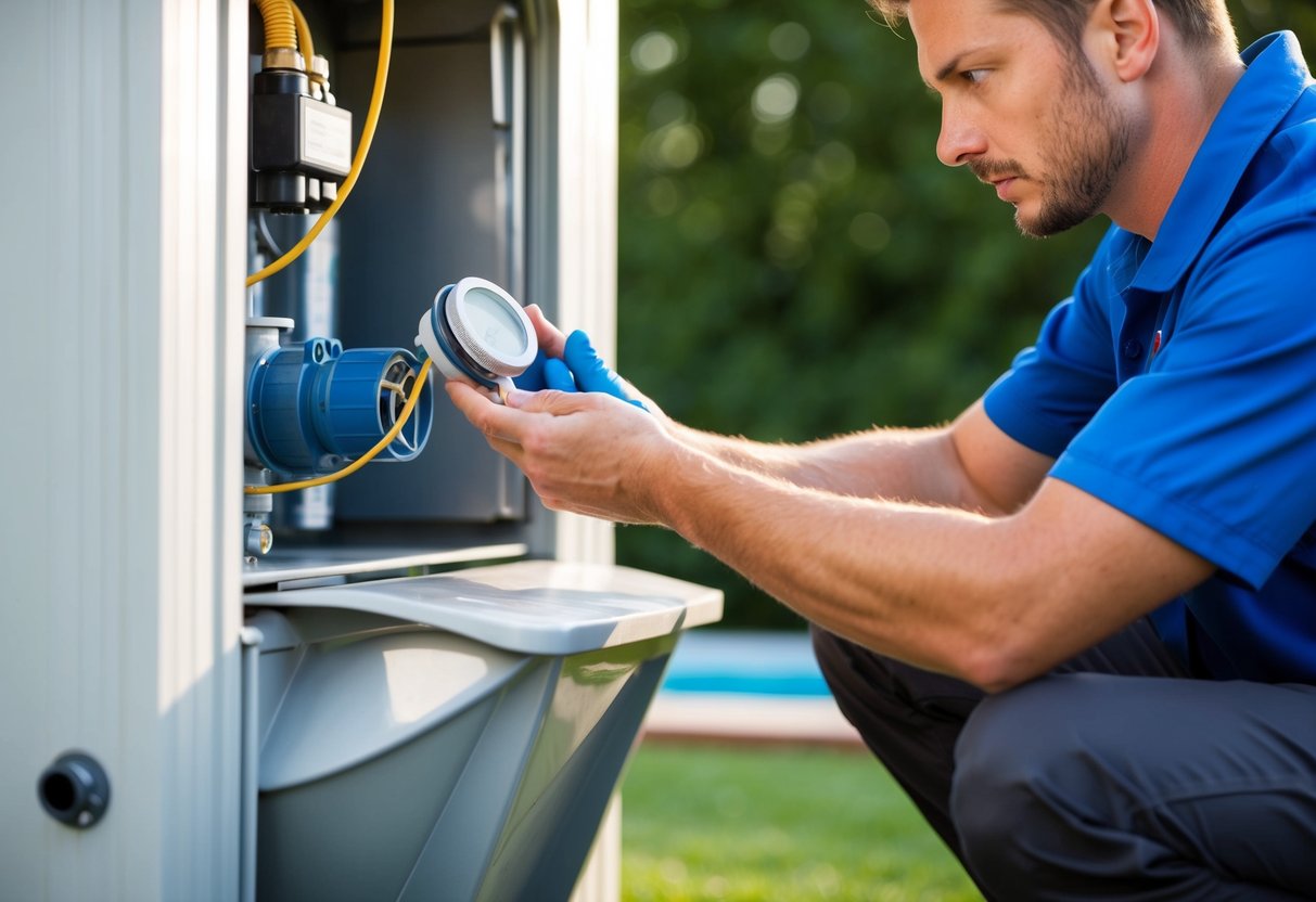 A technician inspecting a swimming pool heating system, checking for leaks and corrosion, while adjusting the thermostat and cleaning the filter