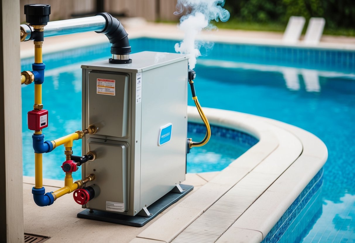 A pool heater next to a swimming pool, with various components such as pipes, valves, and a control panel. Smoke or steam may be coming out of the heater to indicate a problem