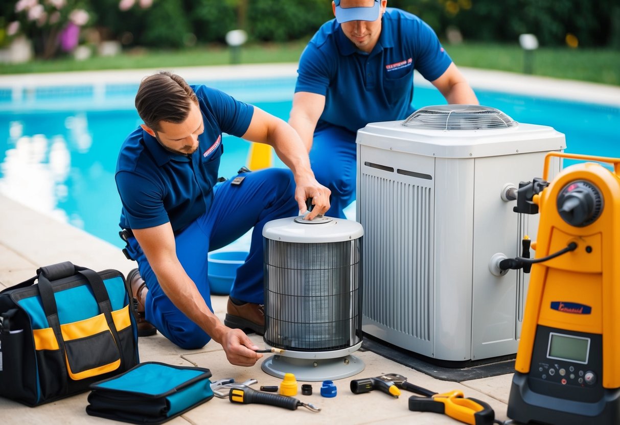 A technician replacing a pool heater, surrounded by tools and equipment, with the pool in the background