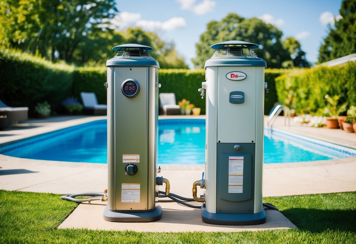 A backyard with a swimming pool, featuring a gas and electric pool heater side by side, surrounded by greenery and under a sunny sky