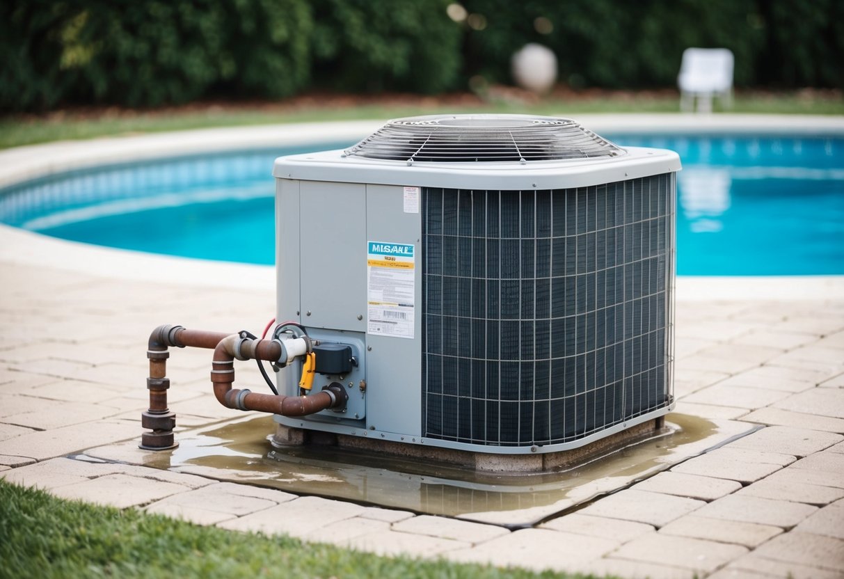 A pool heating system with visible signs of wear and tear, such as rust, leaks, or malfunctioning parts, surrounded by a pool area