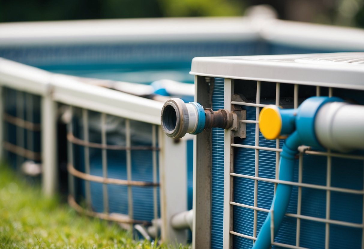 A pool heating system with visible signs of mechanical and physical damage, such as leaks, rust, or broken components, indicating the need for repair