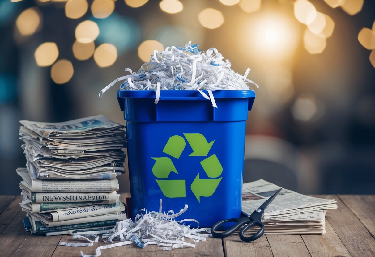 A recycling bin filled with shredded paper, surrounded by a stack of newspapers and a pair of scissors