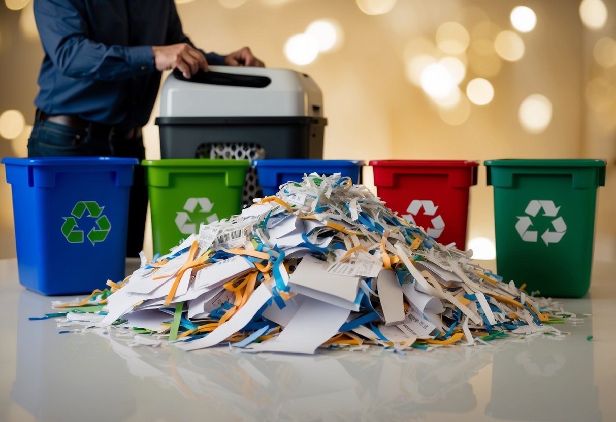 A pile of shredded paper being sorted into different recycling bins, with a person using a paper shredder in the background