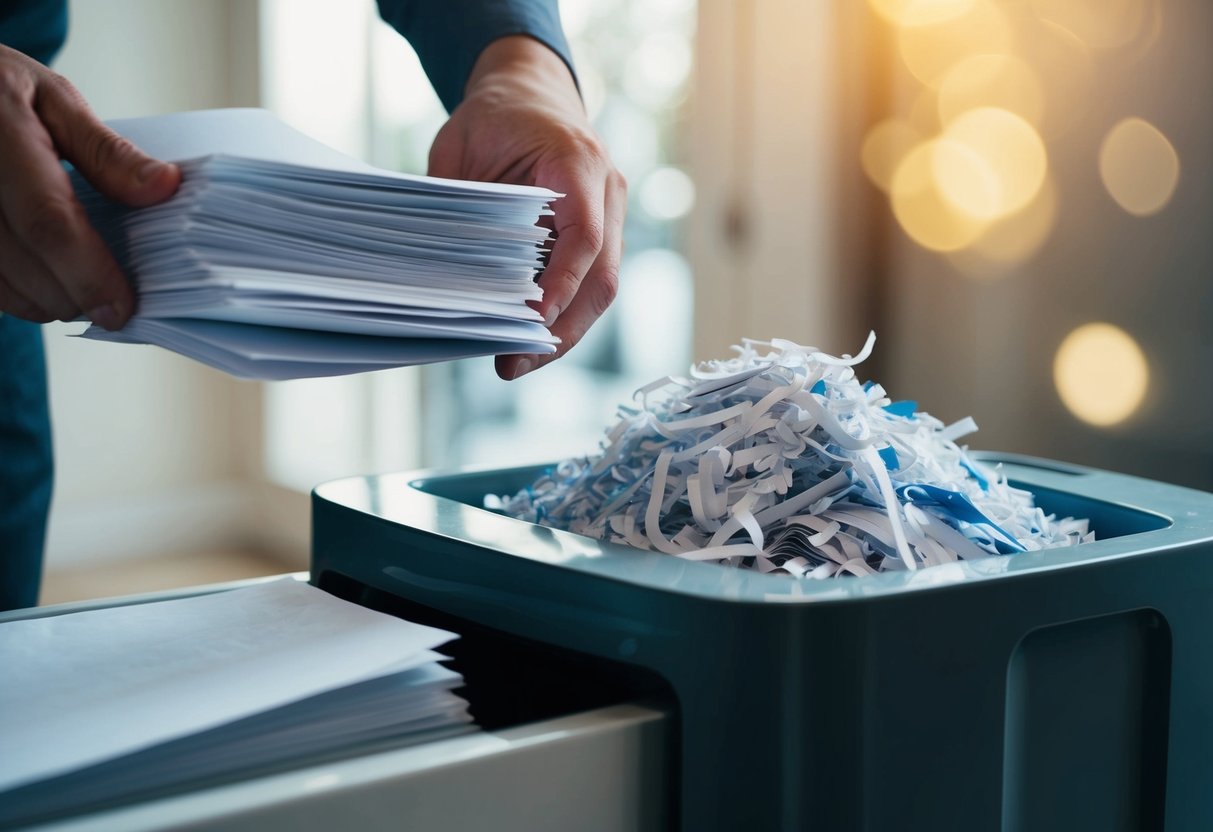 A person feeds a stack of paper into a shredder, creating a pile of shredded paper ready for recycling