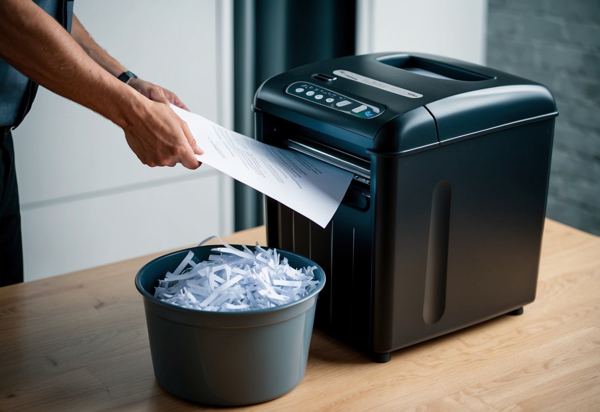 A person standing in front of a shredder, feeding sheets of paper into the machine. A bin filled with shredded paper sits nearby, ready for disposal