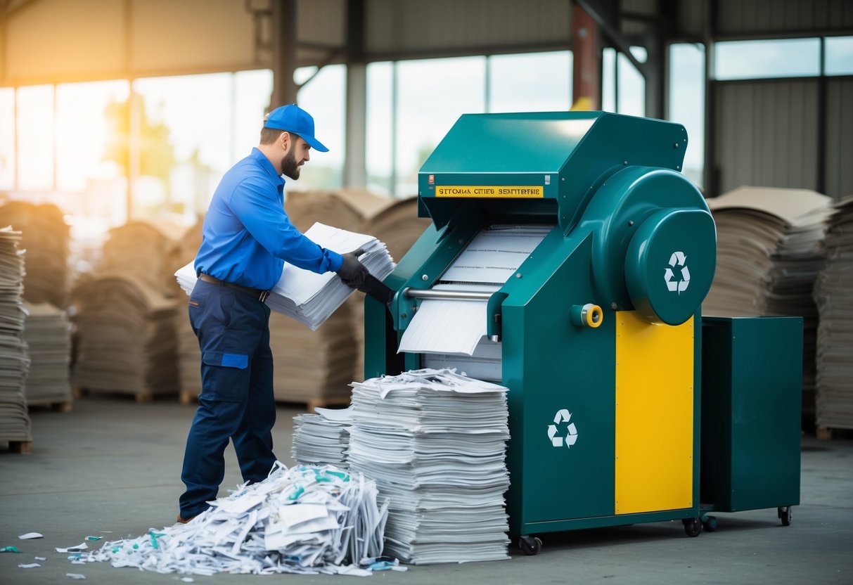 A local recycling center worker operates a large paper shredder, feeding in stacks of paper to be disposed of and recycled