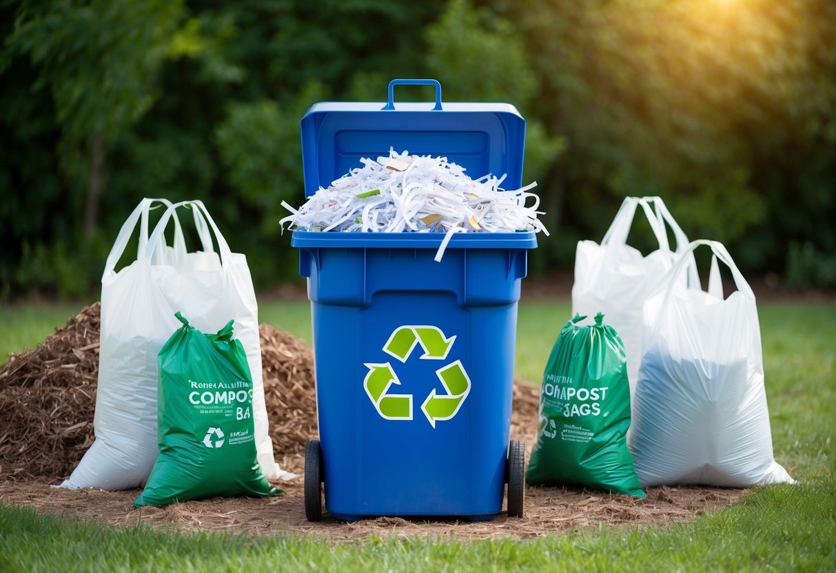 A recycling bin filled with shredded paper, surrounded by compostable bags and a compost pile