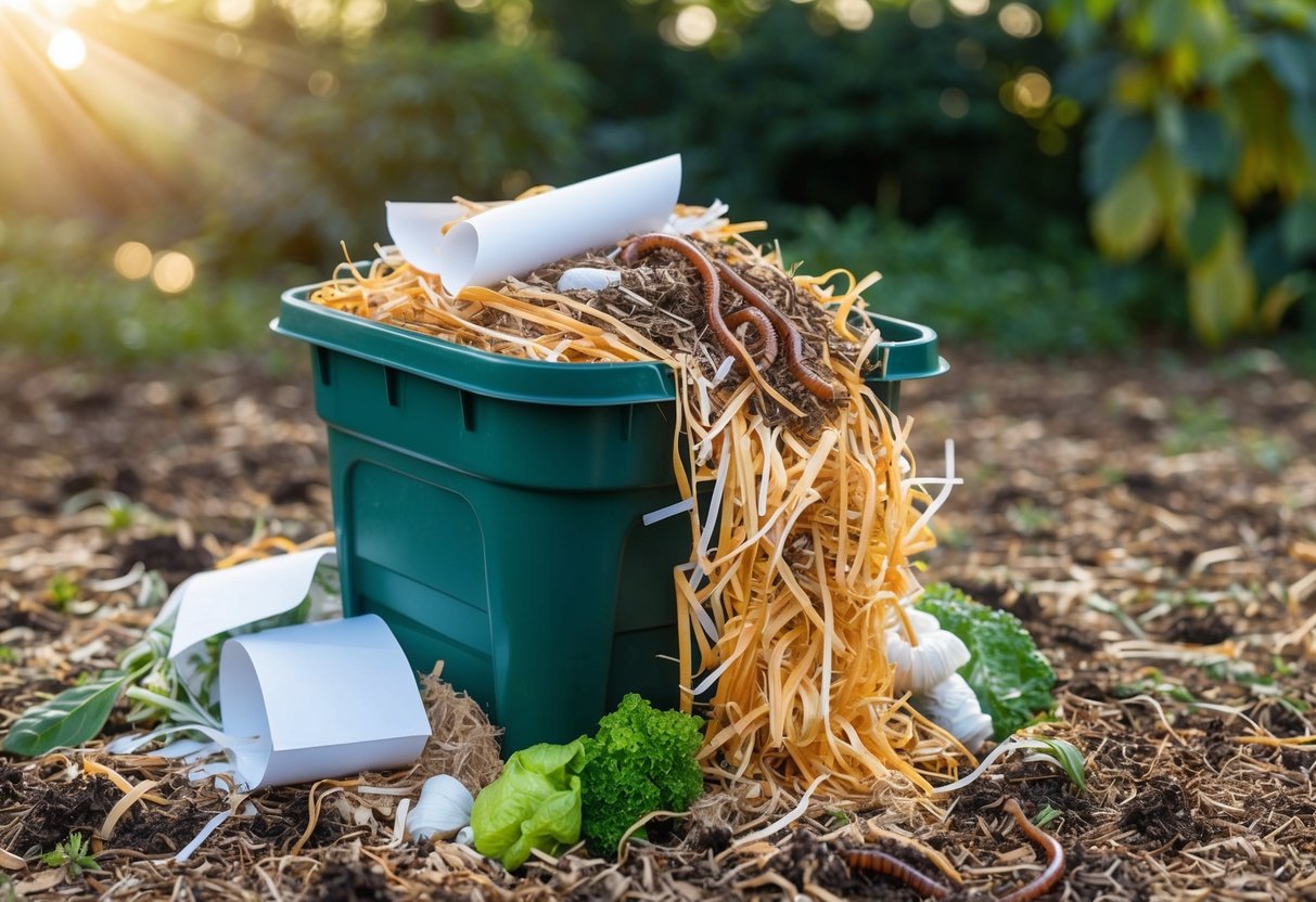 A compost bin filled with shredded paper surrounded by various organic materials, with earthworms crawling through the mixture