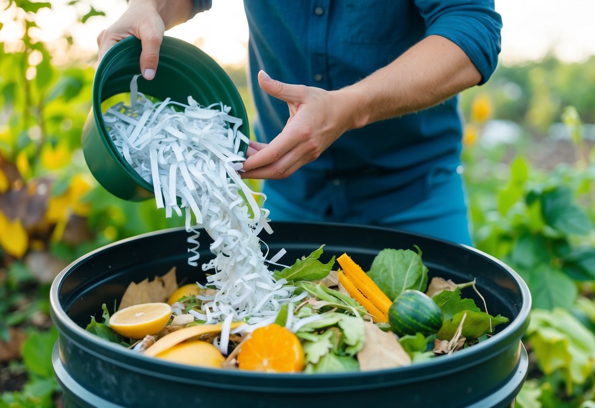 A person pouring shredded paper into a compost bin surrounded by various organic materials such as fruit peels, vegetable scraps, and leaves