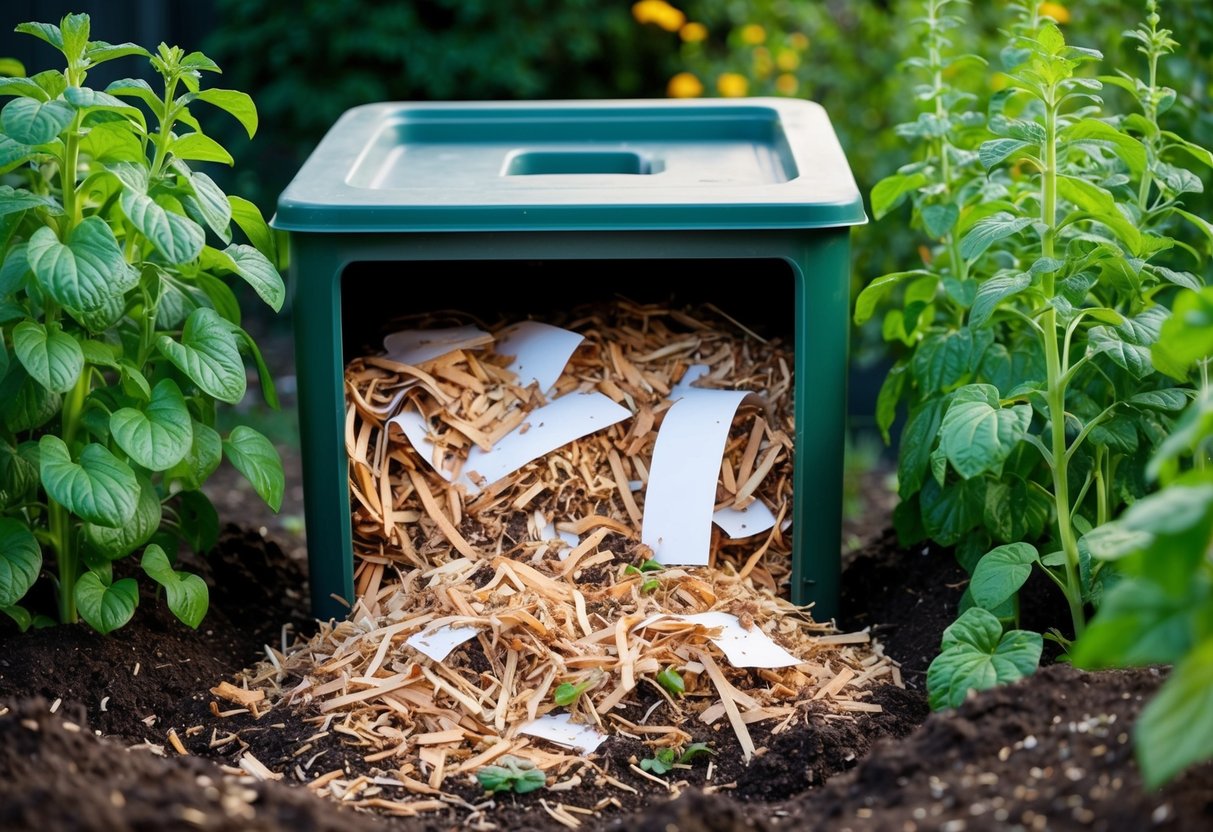 A compost bin filled with shredded paper surrounded by thriving plants and rich soil. The paper is breaking down and blending seamlessly with the organic matter