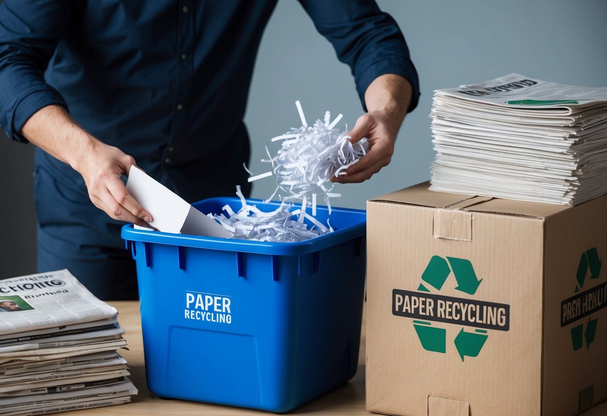 A person placing shredded paper into a recycling bin next to a stack of newspapers and a cardboard box labeled "paper recycling."