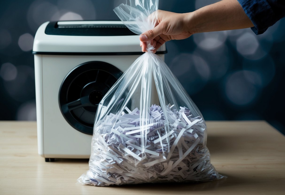 A large clear plastic bag filled with shredded paper sits next to a paper shredder. A hand is seen tying the bag closed