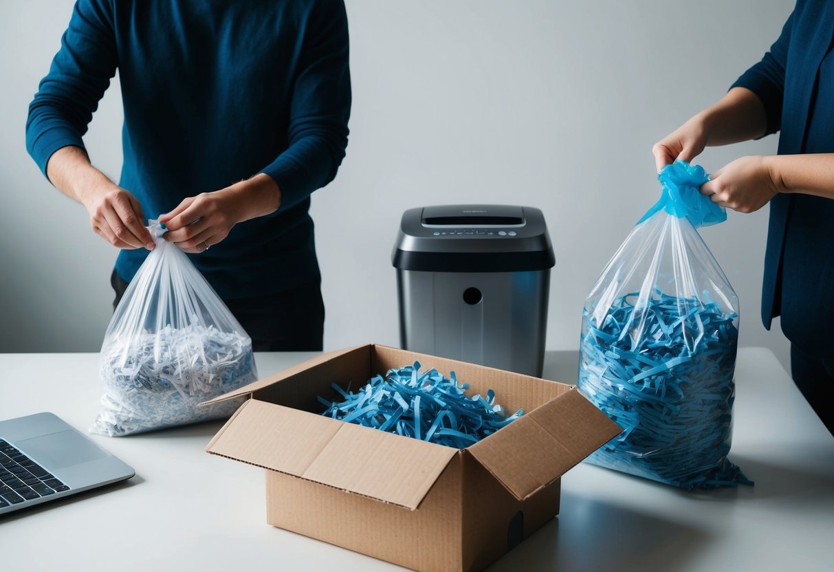 A person places shredded paper into a clear plastic bag, while another person seals a cardboard box filled with shredded paper. Nearby, a digital shredder sits on a desk next to a recycling bin