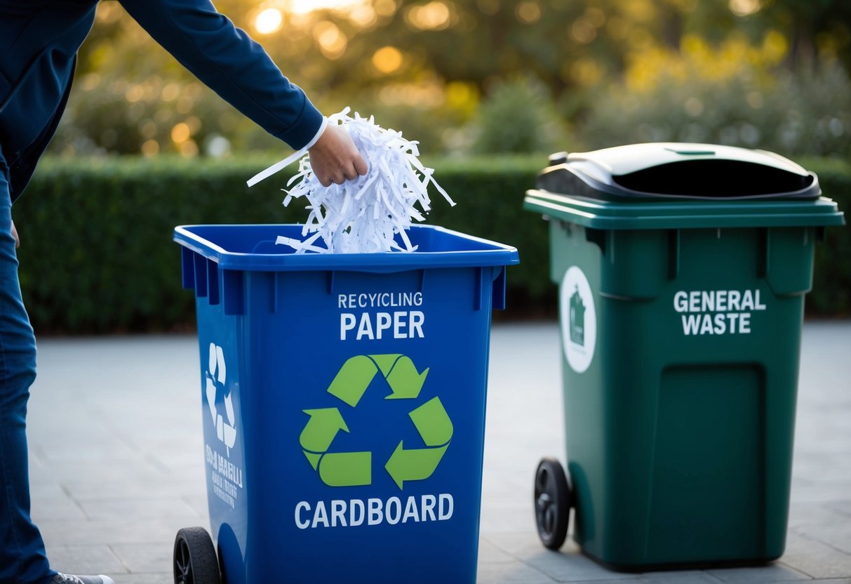 A person placing shredded paper into a recycling bin marked for paper and cardboard, with a trash can marked for general waste nearby