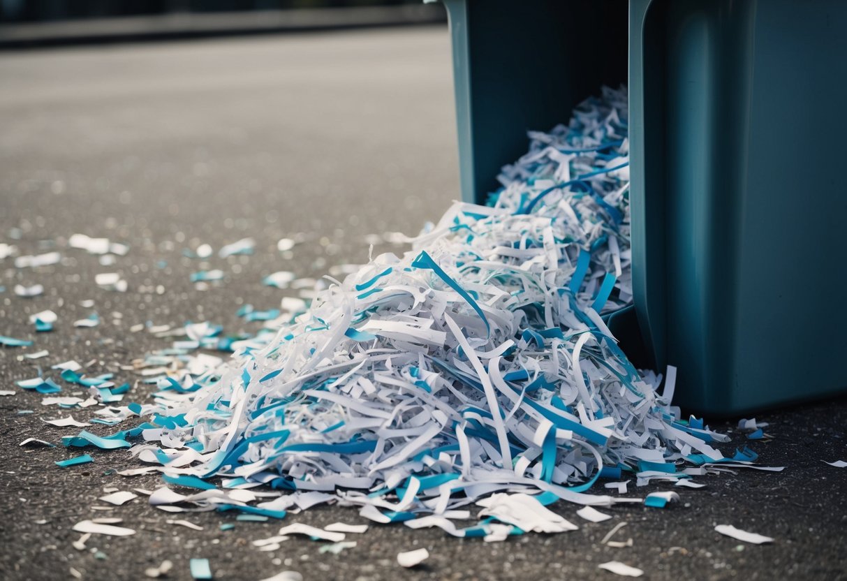 A pile of shredded paper spilling out of an overflowing recycling bin, with a mix of paper bits and clumps scattered on the ground