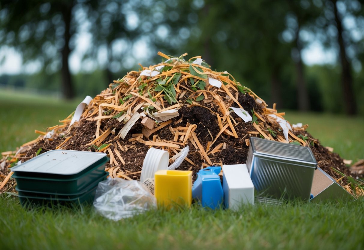 A compost pile with shredded paper mixed in, surrounded by items to avoid composting: plastic, metal, and glossy paper