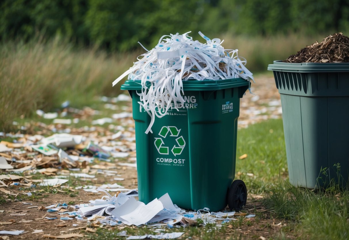 A recycling bin overflowing with shredded paper, surrounded by littered scraps in a natural setting. A nearby compost bin shows decomposing paper