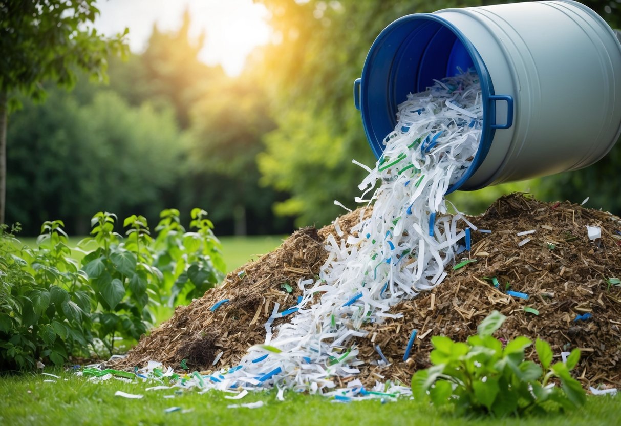 A recycling bin filled with shredded paper being emptied into a large compost pile. Green plants and trees surrounding the pile indicate a healthy environment