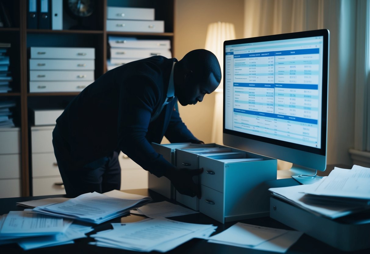 A shadowy figure rummaging through a filing cabinet in a dimly lit home office, surrounded by scattered personal documents and a computer screen displaying financial information