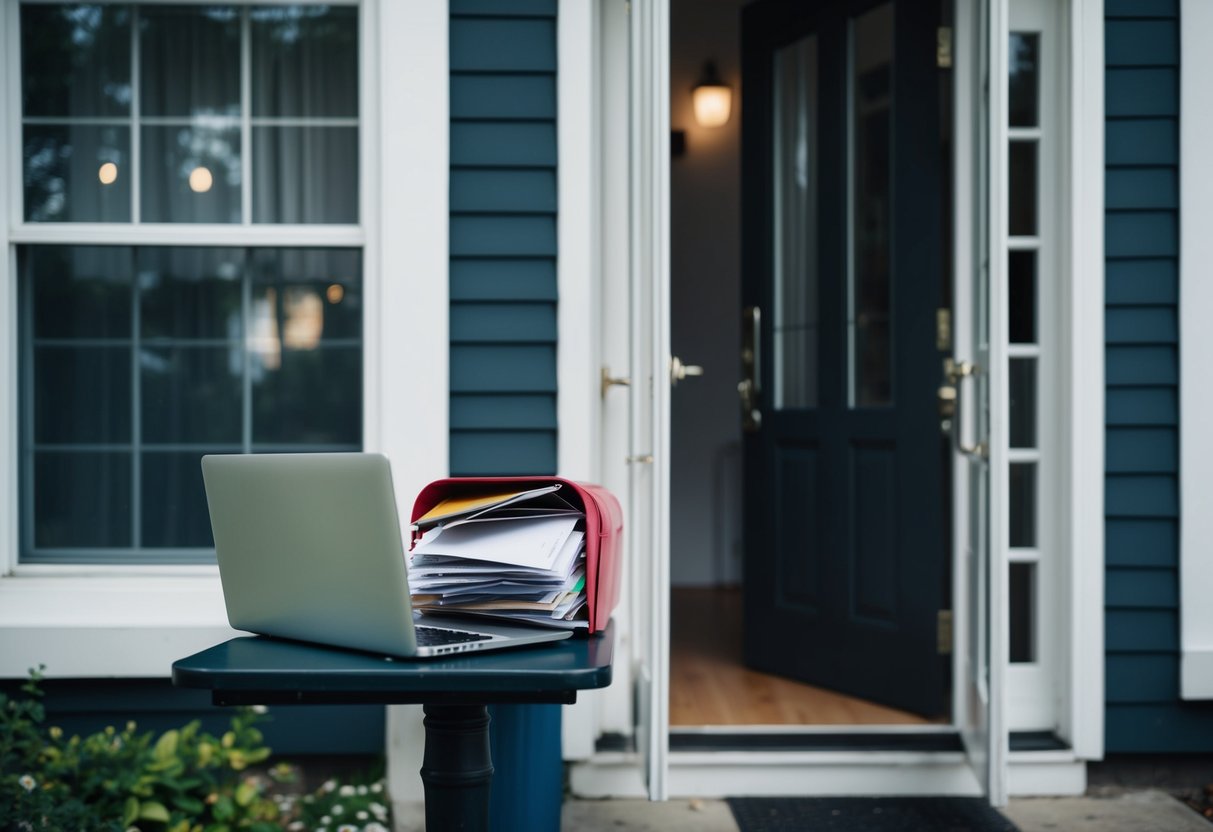 A home with open windows and doors, a laptop left unattended on a table, and a mailbox overflowing with uncollected mail