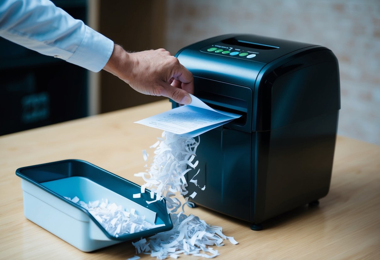 A shredder positioned on a desk with a stack of papers being fed into its opening, while shredded pieces of paper fall into a collection bin below