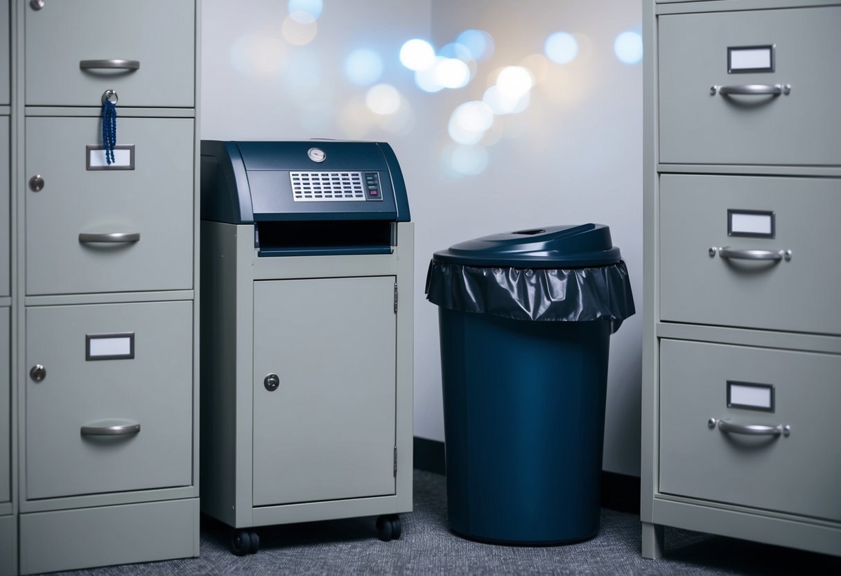 A secure shredding machine surrounded by locked filing cabinets and a document disposal bin