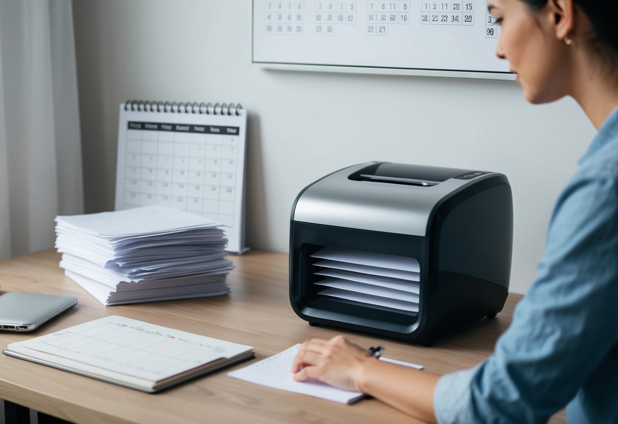 A home office desk with a calendar, shredder, and stack of papers. A person is creating a shredding schedule