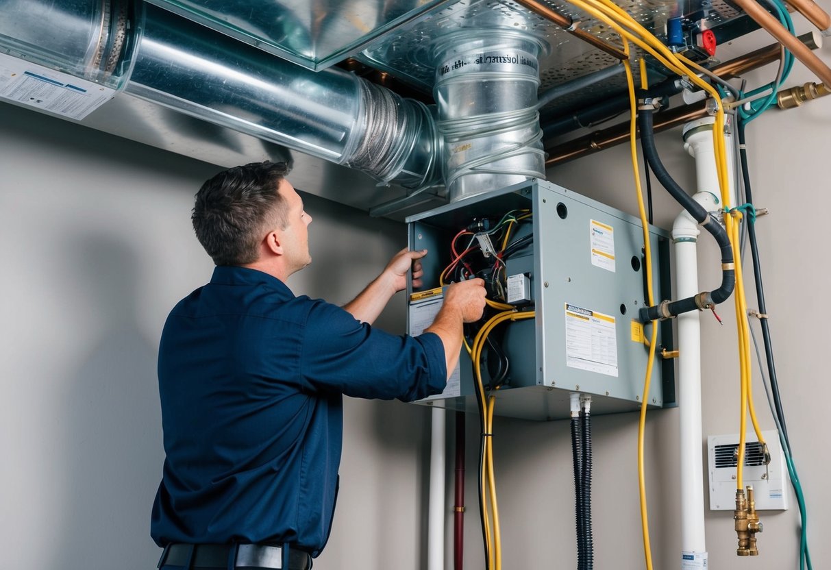 A technician installs air handler components in a mechanical room. Pipes, ductwork, and electrical cables are being connected to the unit