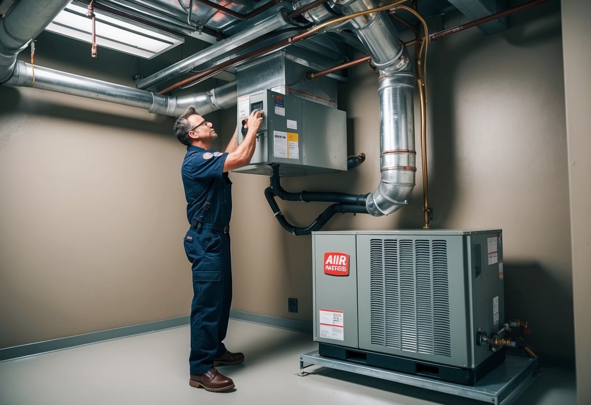 A technician positioning an air handler unit in a mechanical room