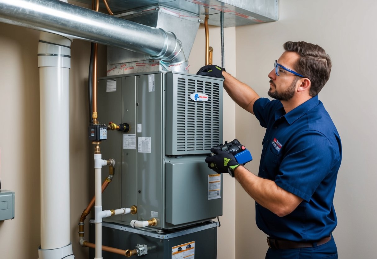 A technician installs an air handler unit in a mechanical room with pipes and ductwork