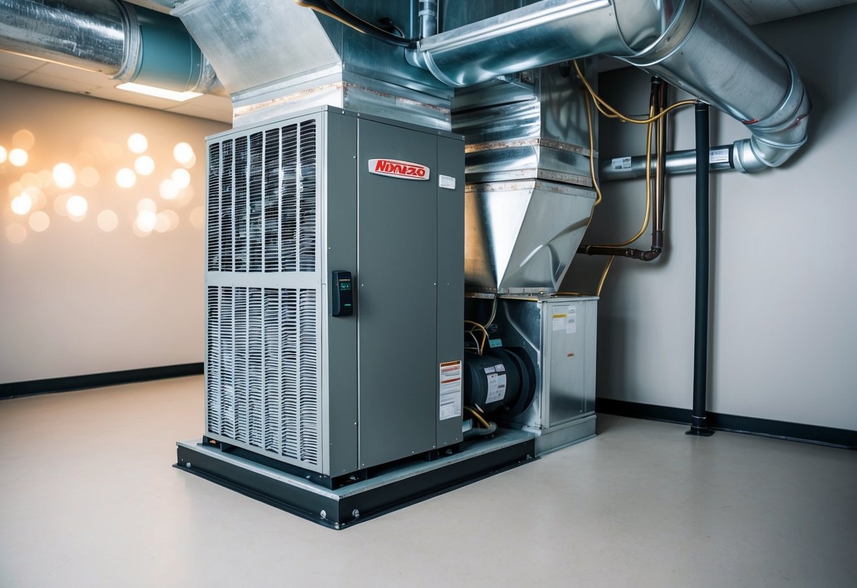 A large air handler unit sits in a mechanical room, connected to ductwork and other HVAC equipment. It hums softly as it circulates air throughout the building