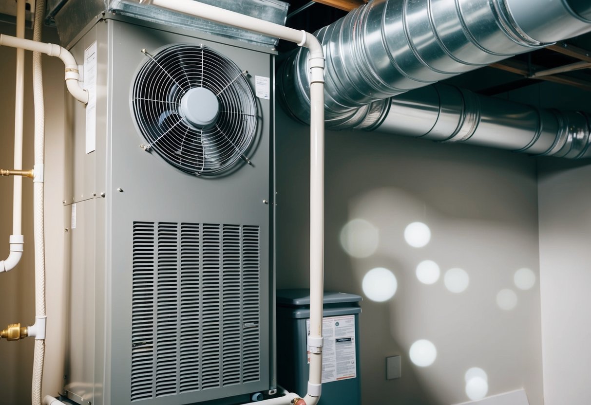 An air handler unit with filters, coils, and fan inside a mechanical room of a building. Ductwork connects to the unit for air distribution