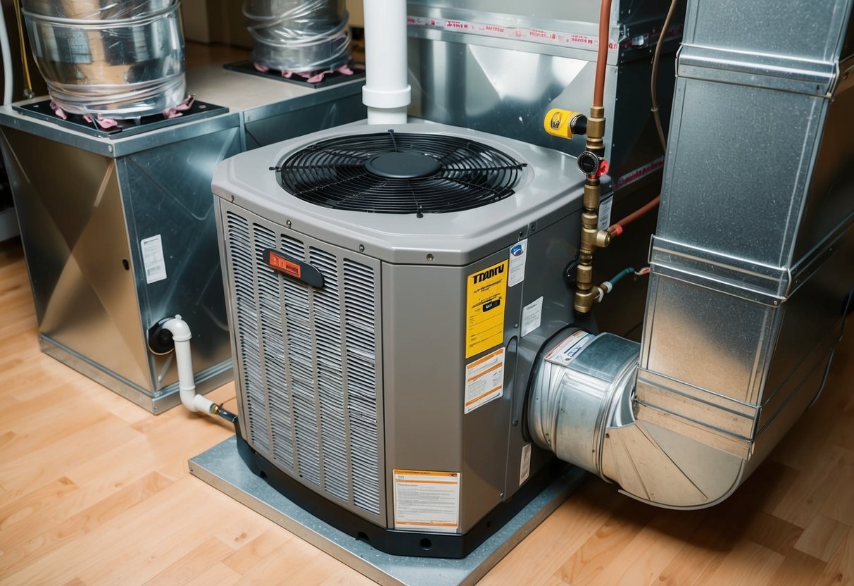 An air handler unit surrounded by ductwork and connected to an HVAC system, with various components and filters visible