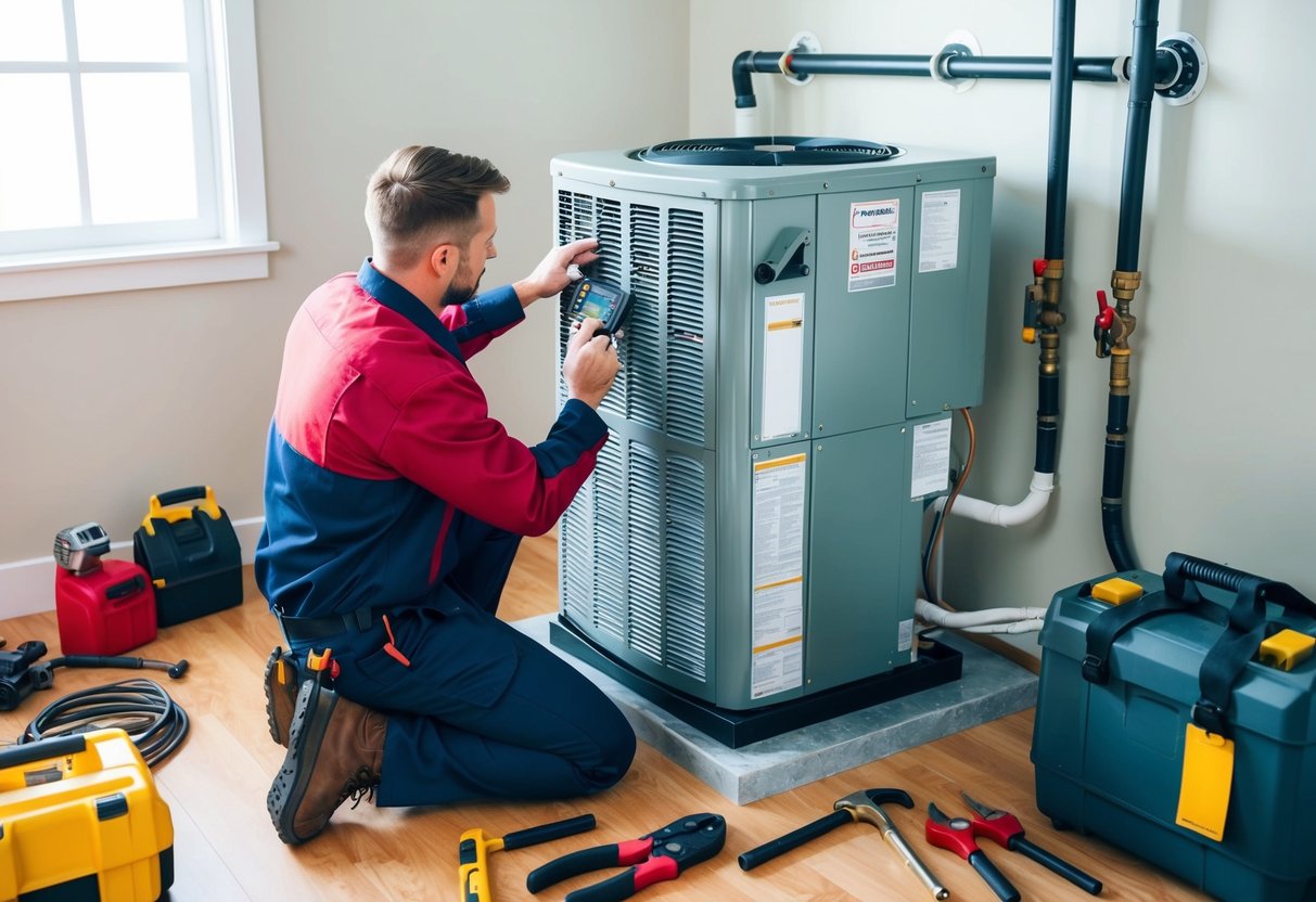 A technician installing an air handler unit in an HVAC system, surrounded by various tools and equipment